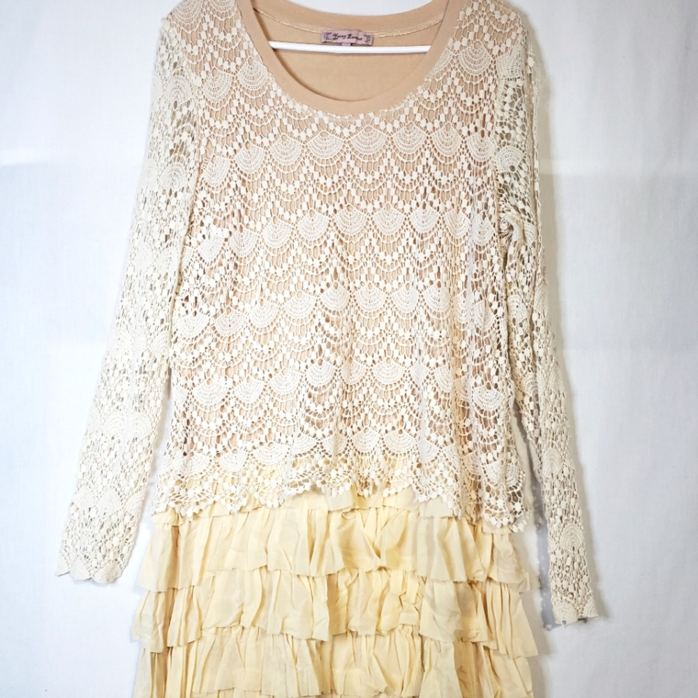 Young Essence Tiered Ruffle Lace Dress Knee-Length Size L